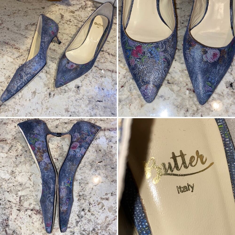 BUTTER Italy $350 1.5" Kitten Heel Gray Floral 6.5 EUC